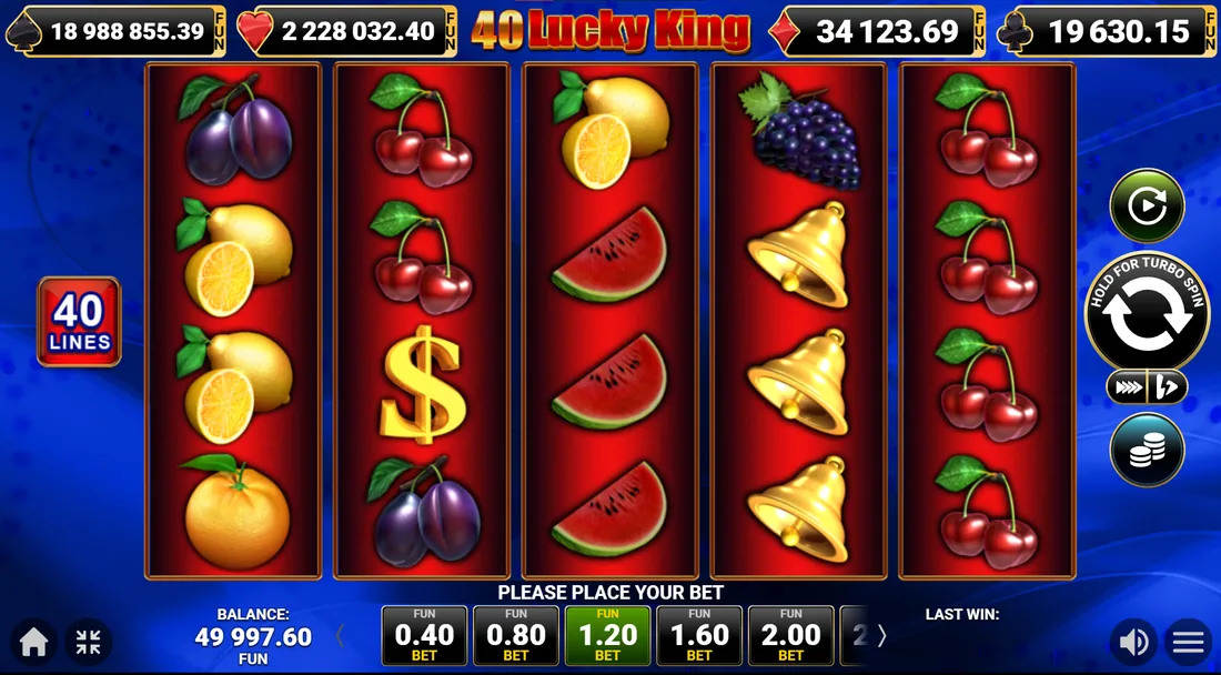 40 Lucky King-ის ტრიალი დოლარის Scatter-ით მეორე ბარაბანზე და ოთხი ჯეკპოტის მრიცხველით ზემოთ