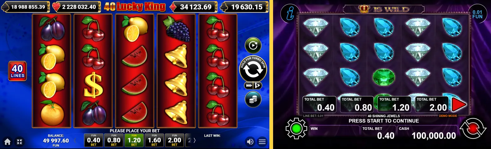 40 Lucky King და 40 Shining Jewels ძირითადი თამაშები გვერდიგვერდ: სამეფო ხილი ლურჯ ფონზე და ძვირფასი ქვები იისფერზე