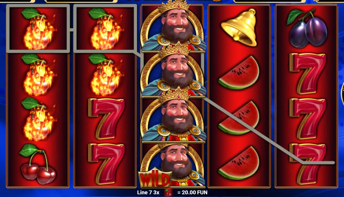 40 Lucky King-ის King Wild სტეკი მესამე ბარაბანზე, რომელიც წითელი შვიდიანების მომგებ ხაზს ასრულებს